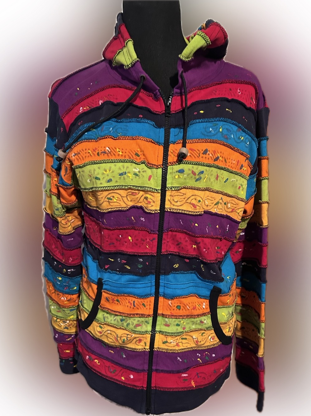 Karma Circle U.S.A. Boho Rainbow Patchwork Zip-Up Hoodie. med 100% cotton